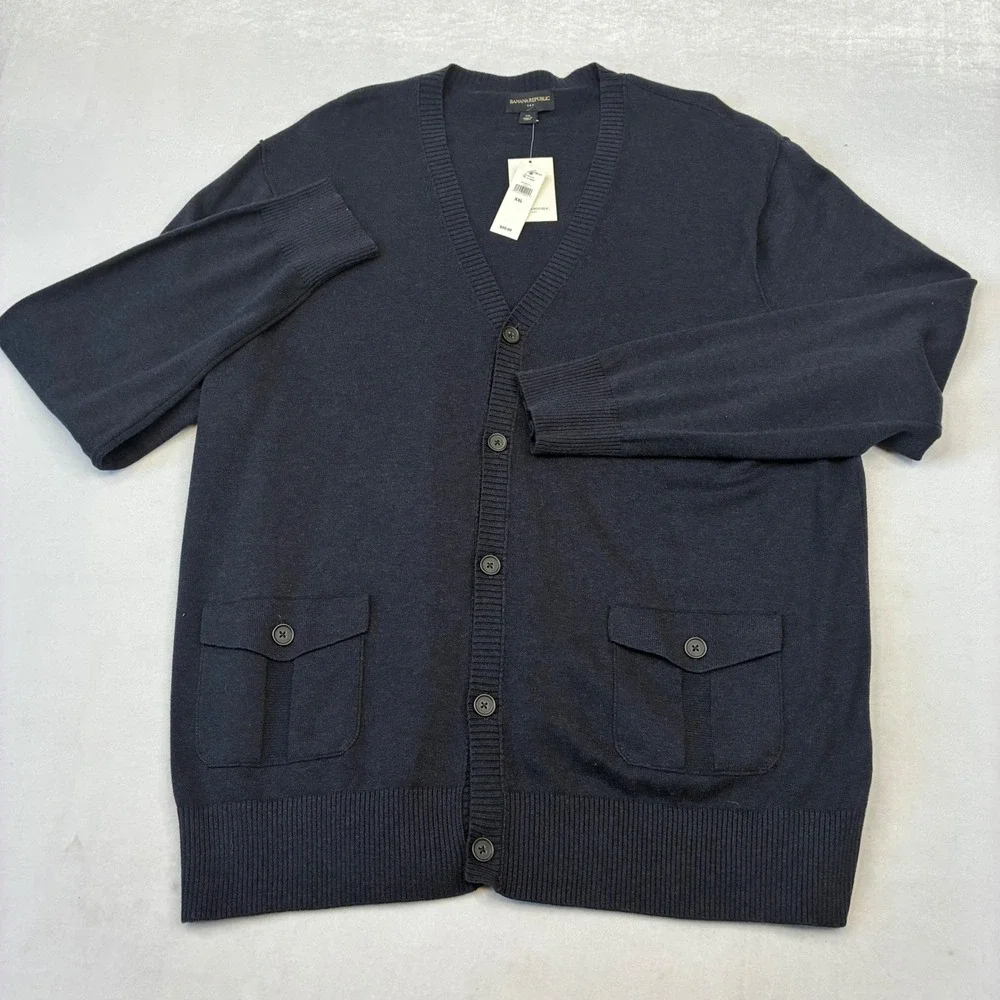Banana Republic Cardigan Mens XXL Navy Blue Cotton V-Neck Button Front NWT